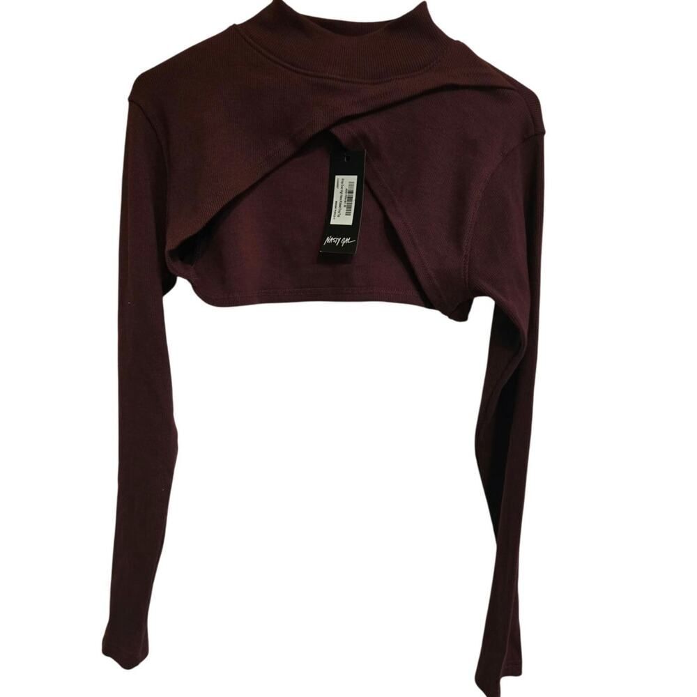 Nasty Gal Wrap Over High Neck Ribbed Crop Top Long Sleeves Sexy New Years Size 8